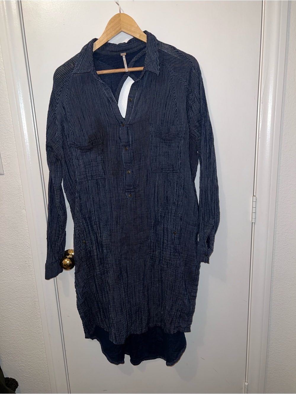 Free People Navy Pinstripe Cotton High-Low Tunic Shirt Dress Size L - Picture 3 of 6
